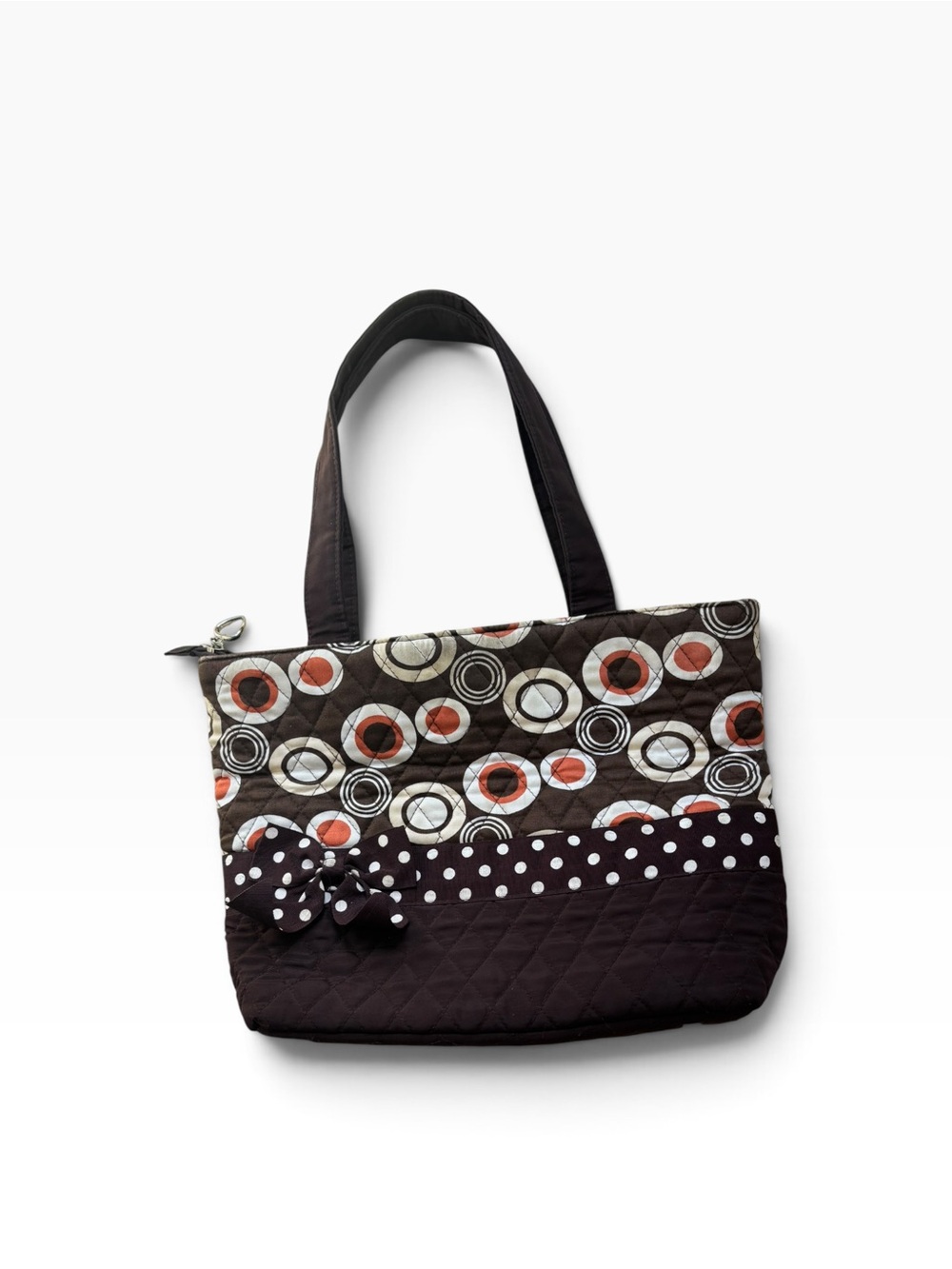 Belvah Brown Quilted Tote — Retro Circles Print, Polka Dot Bow Accent